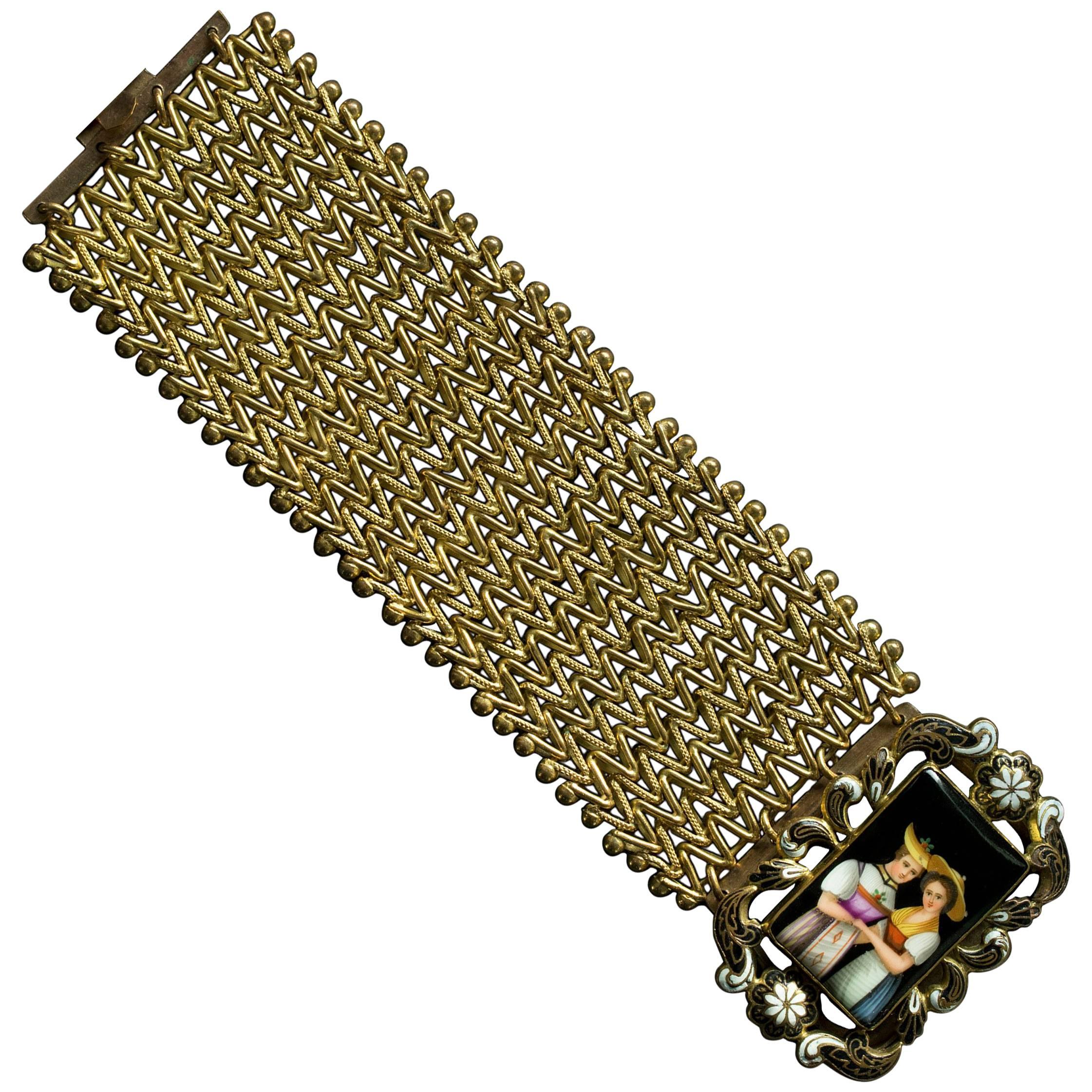 Late Georgian Swiss Enamel and Pinchbeck Bracelet For Sale