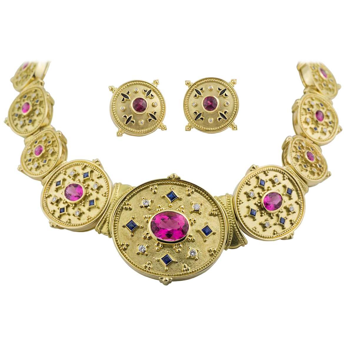 Theo Fennell Diamond Sapphire and Tourmaline Jewellery Suite For Sale