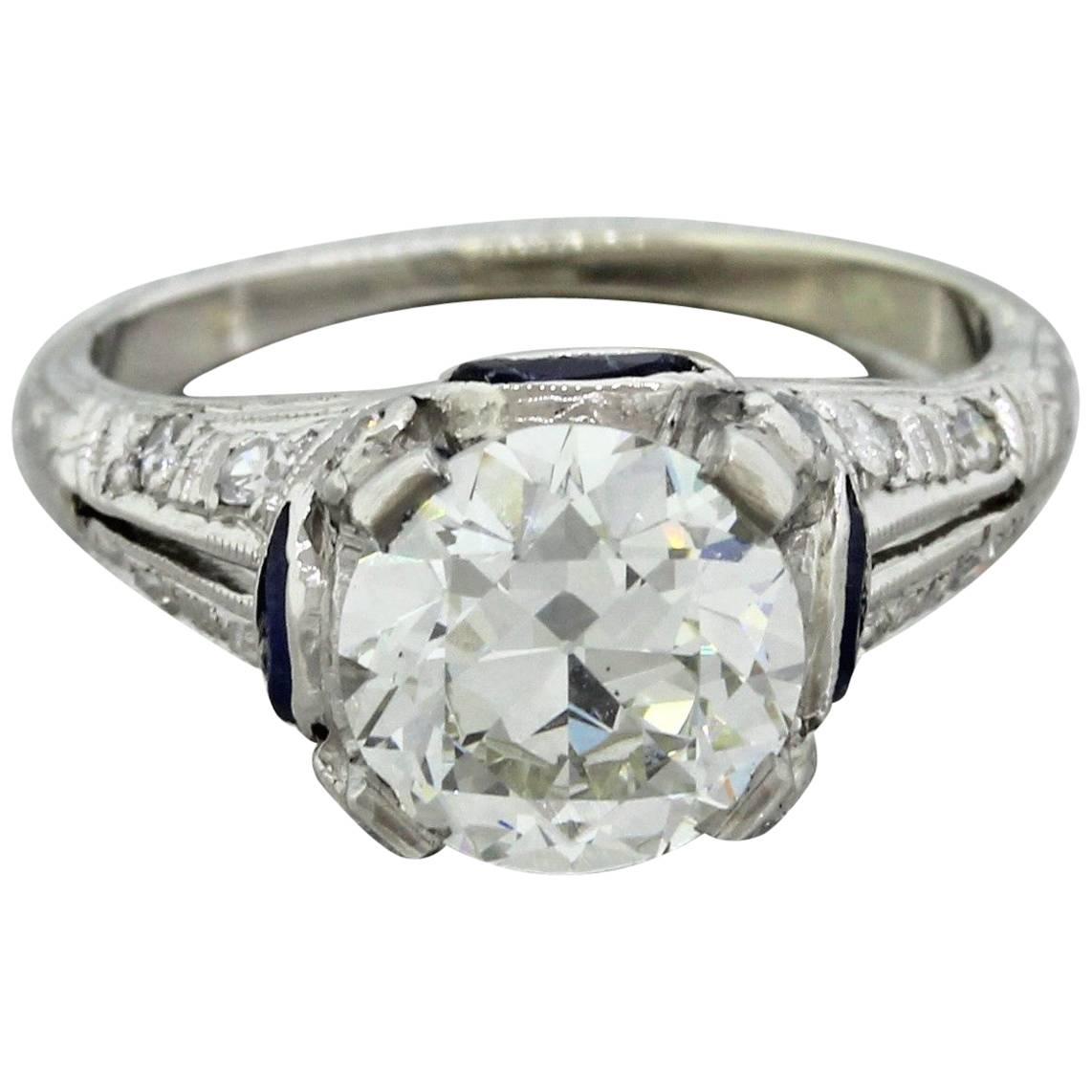 1920s Antique Art Deco Platinum 1.70 Carat GIA Diamond Sapphire Engagement Ring For Sale