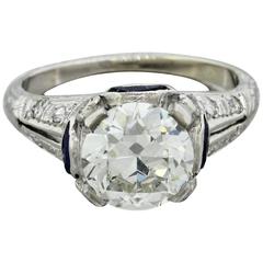 1920s Antique Art Deco Platinum 1.70 Carat GIA Diamond Sapphire Engagement Ring