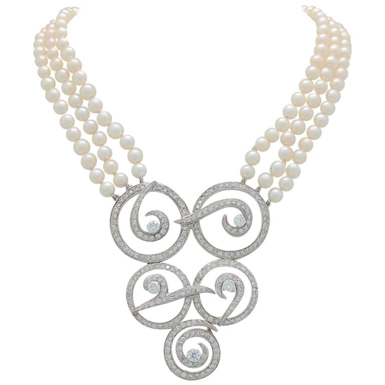 Multi Strand Cultured Akoya Pearl Diamond Enhancer Necklace For Sale at