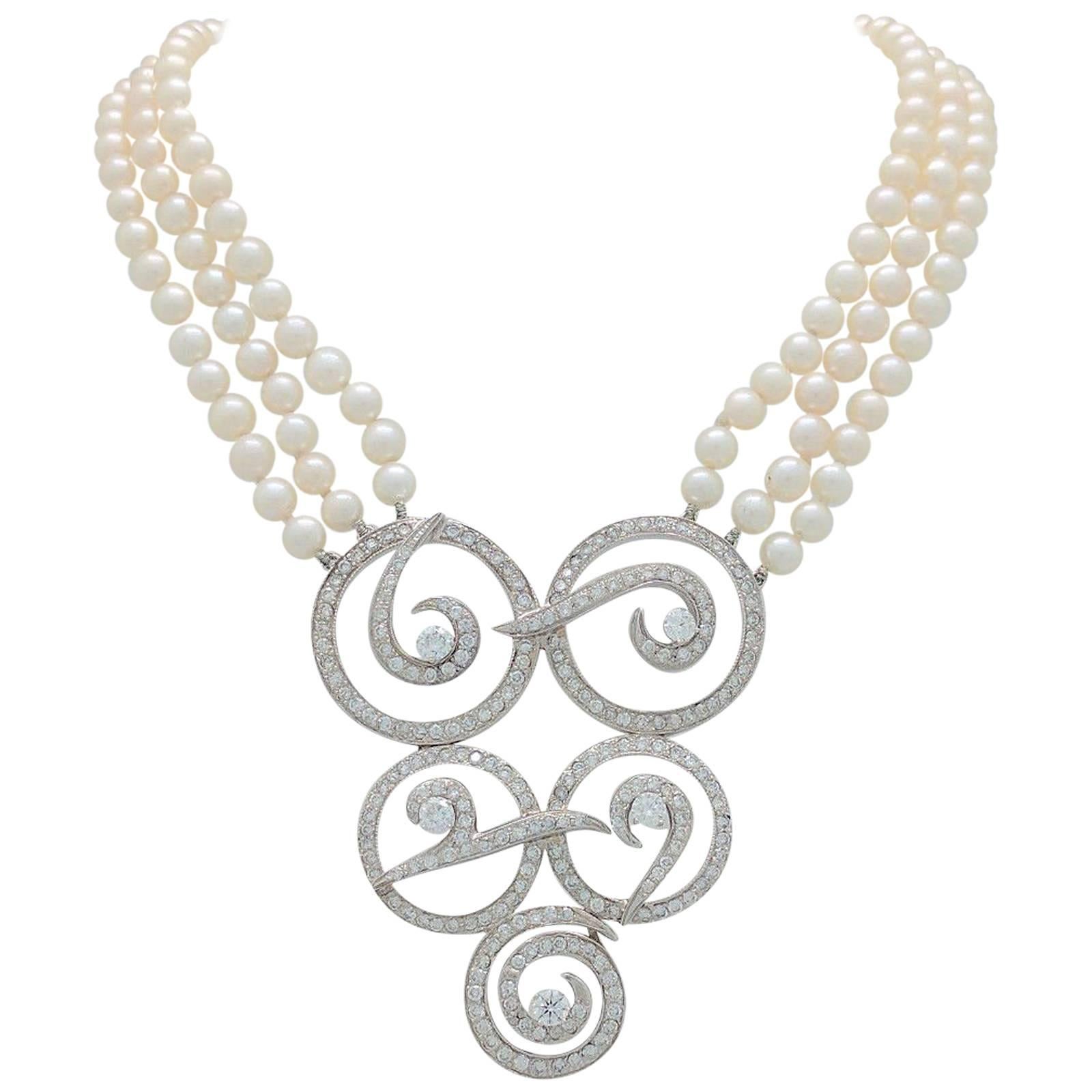Multi Strand Cultured Akoya Pearl Diamond Enhancer Necklace For Sale