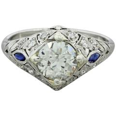 1920s Art Deco Platinum 1.55 Carat GIA Diamond Sapphire Filigree Engagement Ri