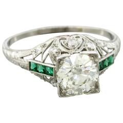 Antique Art Deco Platinum 1.52 Carat F Diamond and Emerald Fishtail Engagement Ring