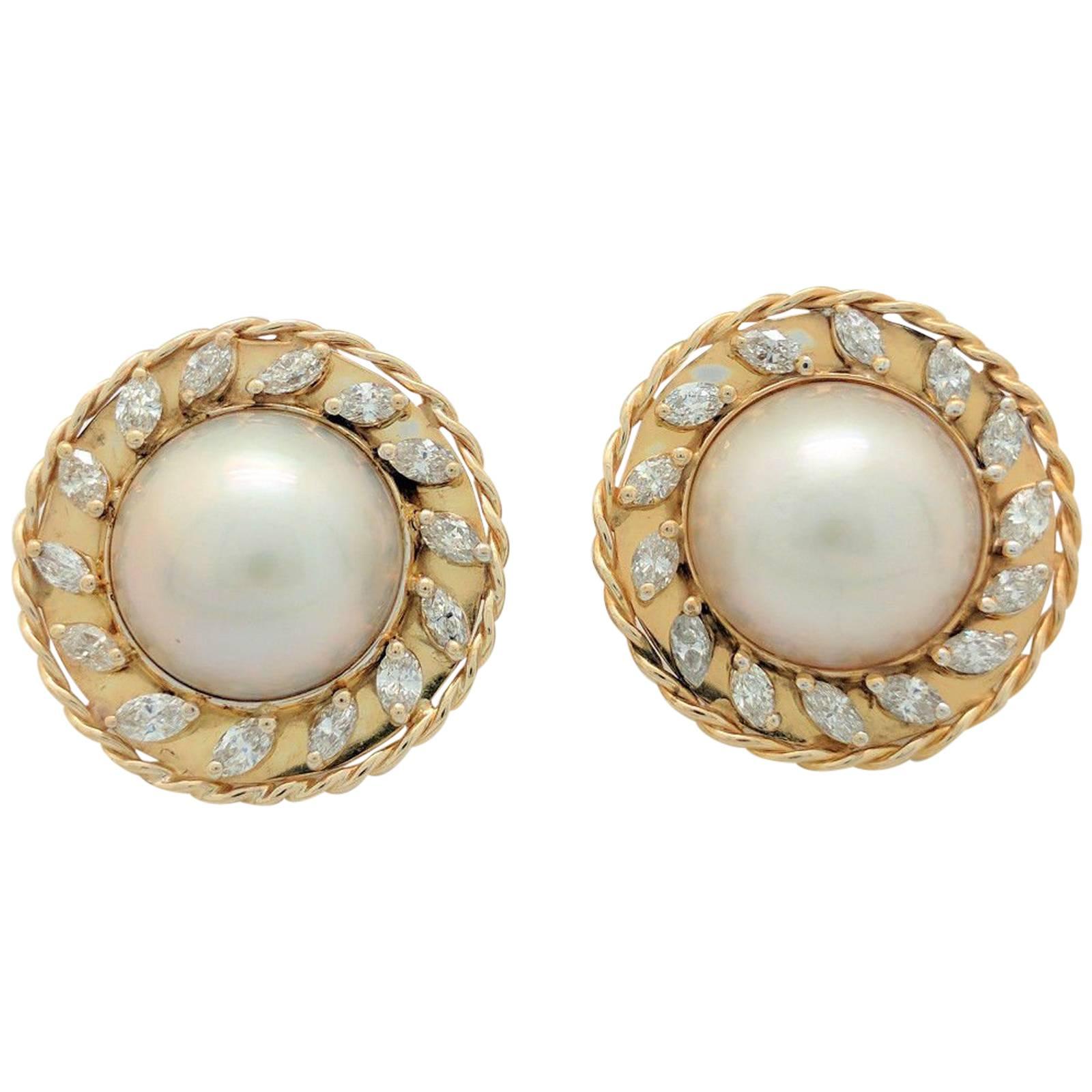 3.00 Carats Marquise Diamonds and Mabe Pearl Earrings For Sale