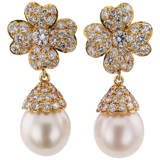 Van Cleef and Arpels South Sea Pearl Diamond Gold Pendent Earrings at ...