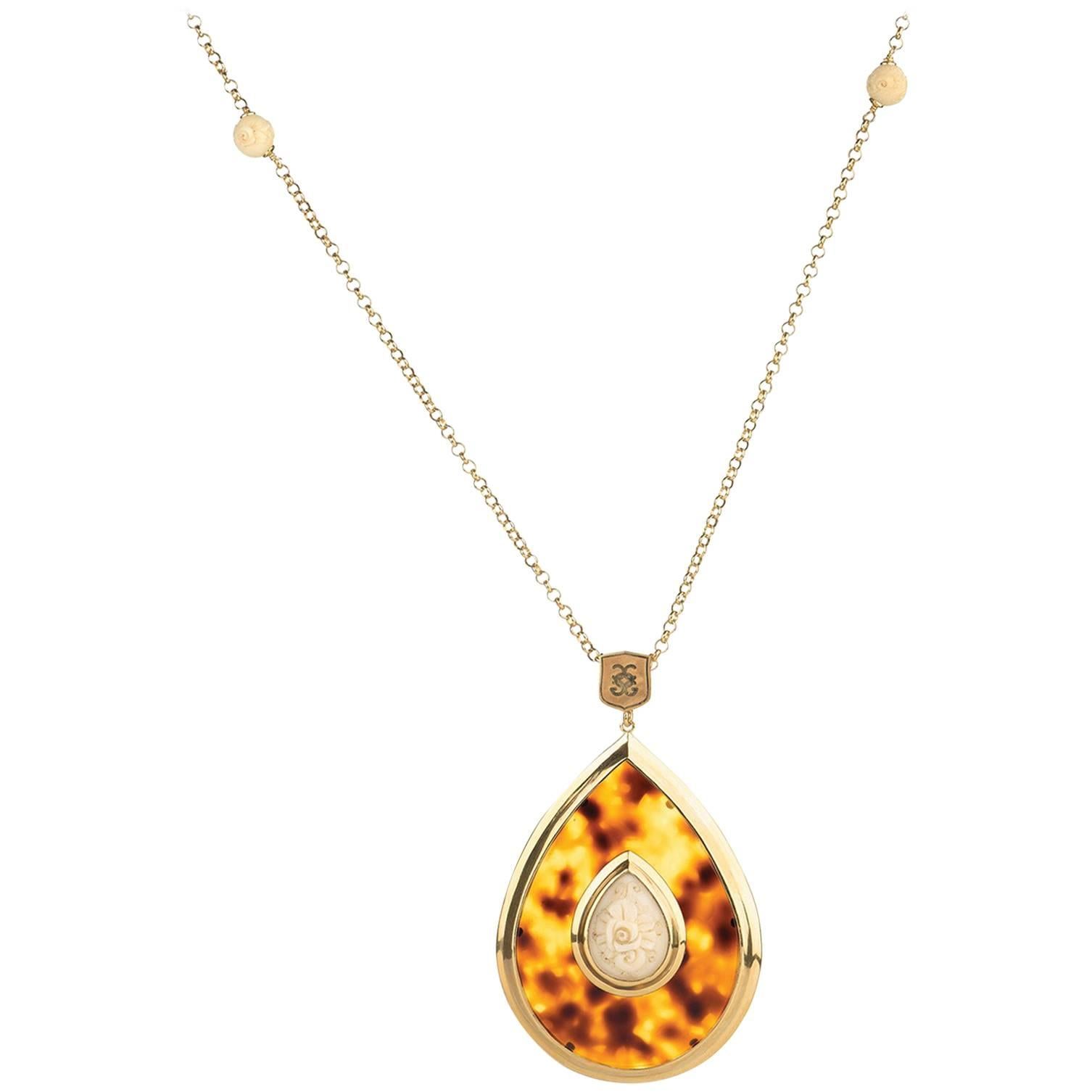 CdG Style Unique Gold Necklace Carved Faux Turtle Nut Ivory For Sale