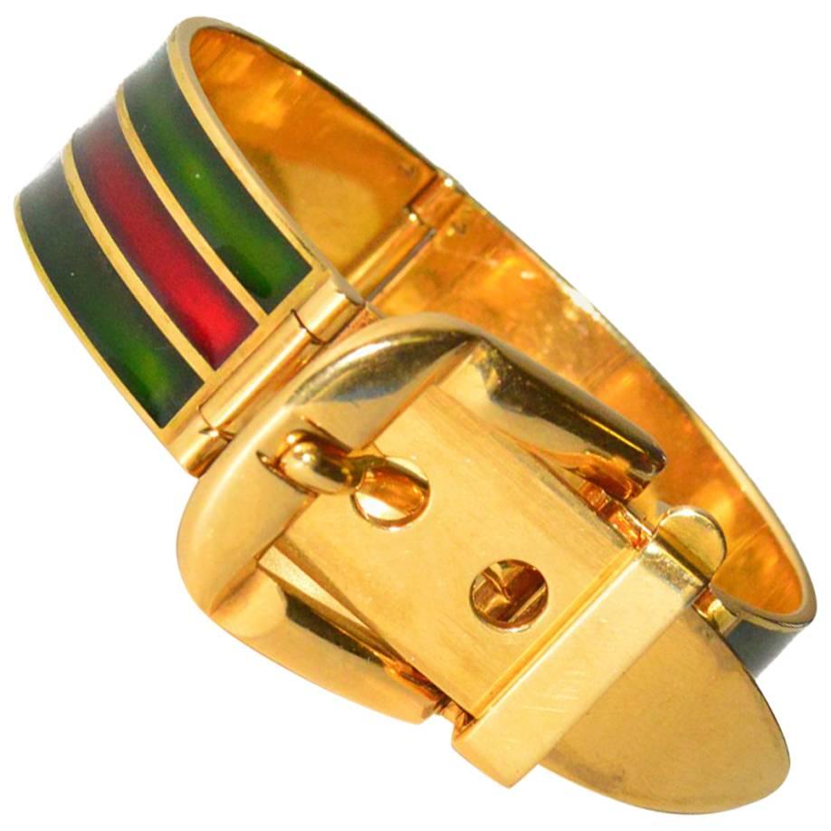 Fabulous Classic Gucci Enamel Yellow Gold Buckle Bracelet