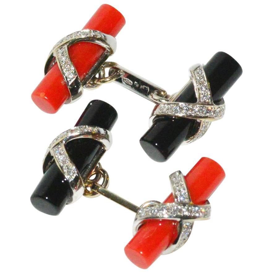 Lovely Onyx Coral Diamond White Gold Cufflinks For Sale