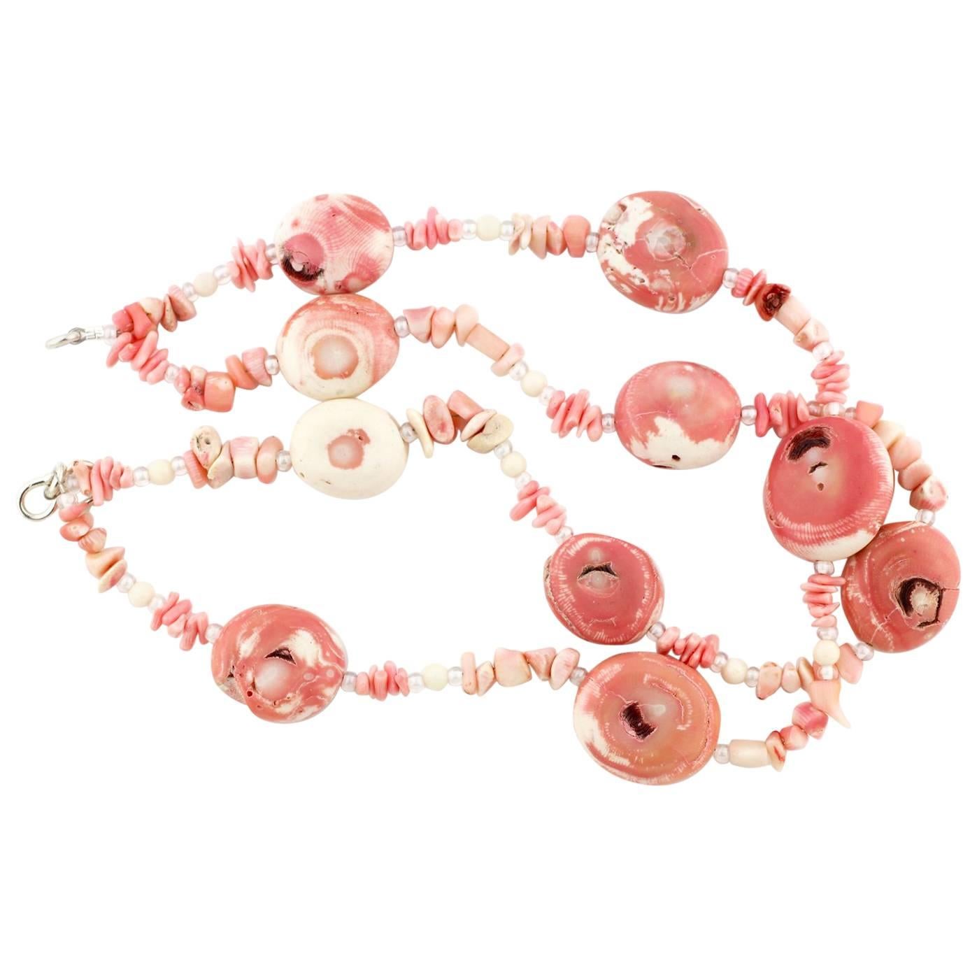 AJD BoHo Chic Double Strand Pink White Natural Coral Silver Necklace For Sale
