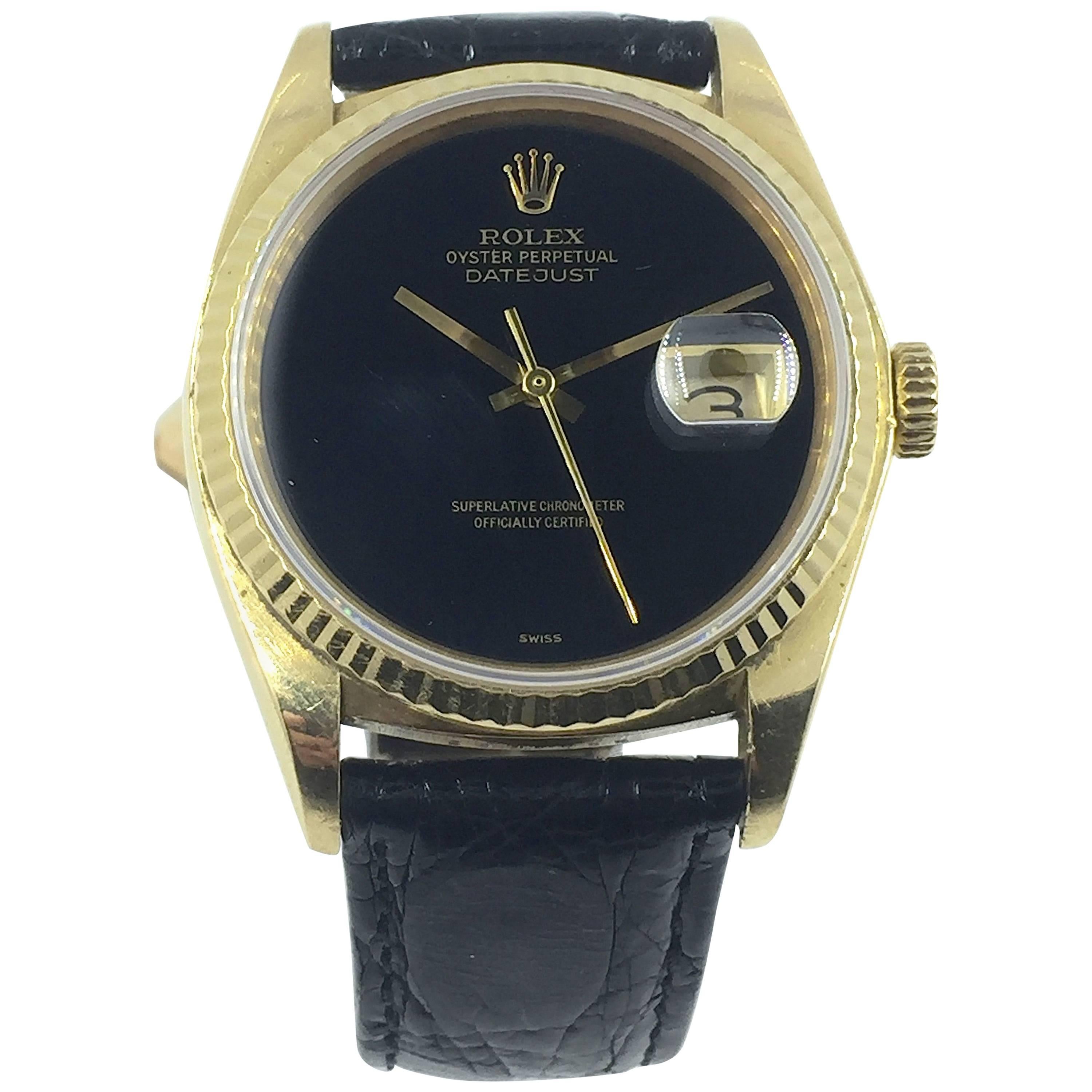 Rolex Yellow Gold Black Onyx Datejust Automatic Wristwatch with Papers