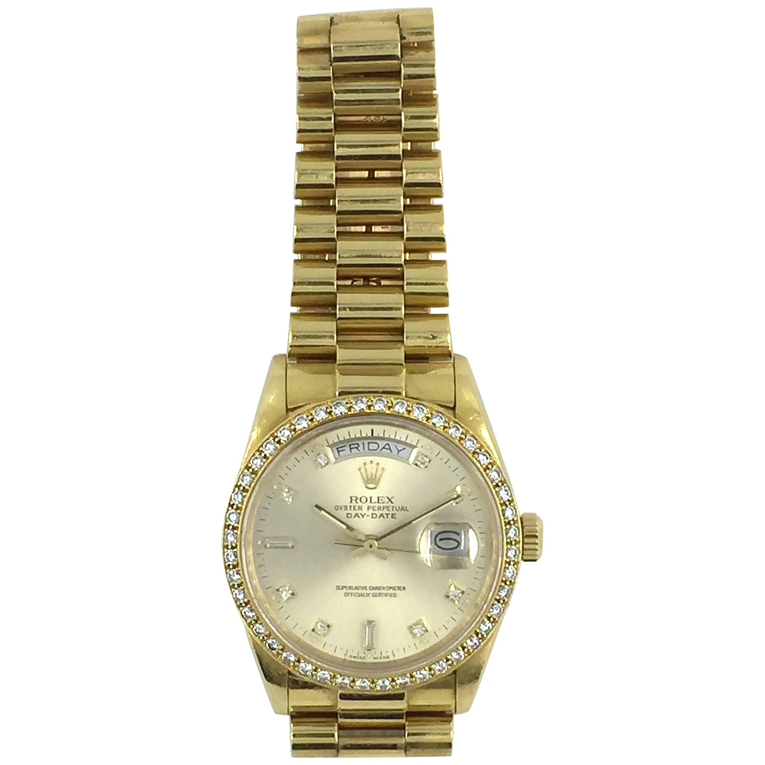 Rolex Yellow Gold Factory Diamond Dial and Bezel Day-Date President Wristwatch
