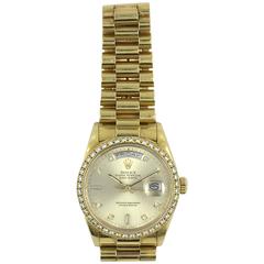 Vintage Rolex Yellow Gold Factory Diamond Dial and Bezel Day-Date President Wristwatch