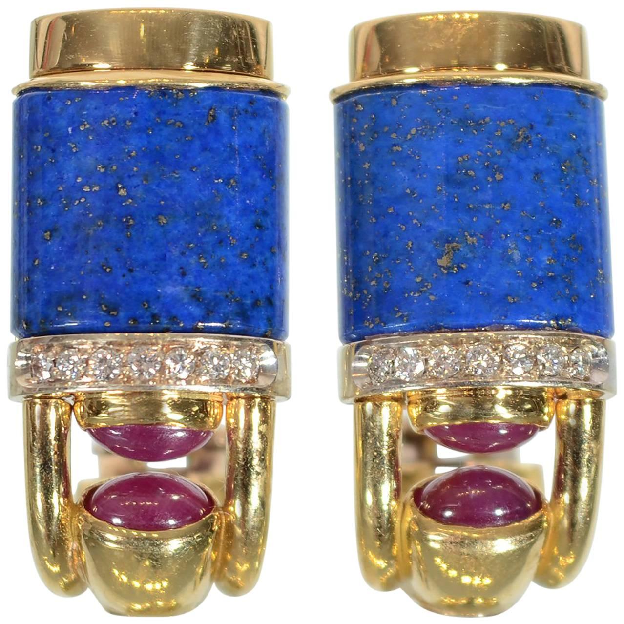 Lapis Lazuli Ruby Diamond Gold earrings 