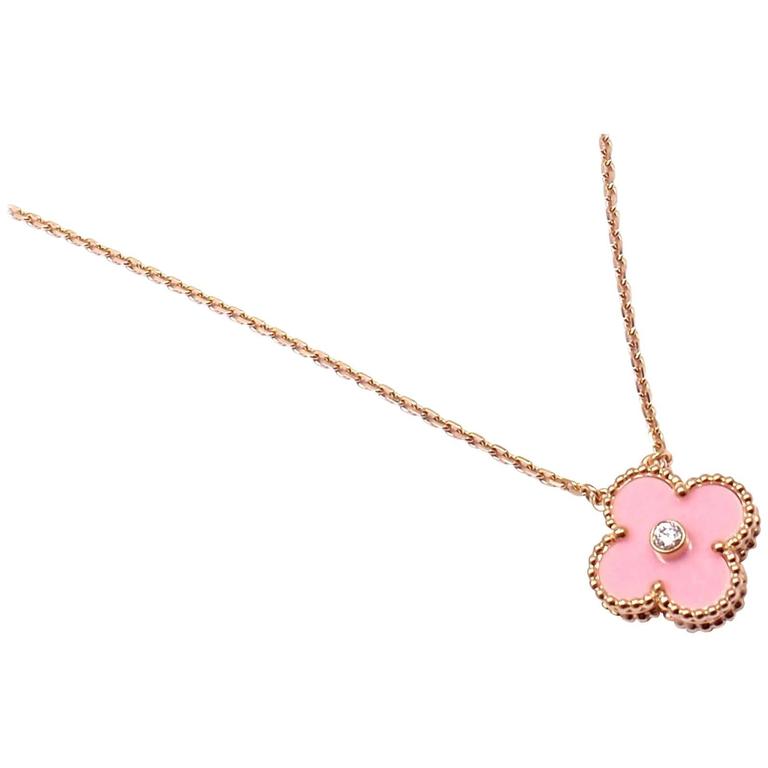 VAN CLEEF & ARPELS 18K Rose Gold Diamond Pink Porcelain Vintage Alhambra Pendant  Necklace 1345631 | FASHIONPHILE
