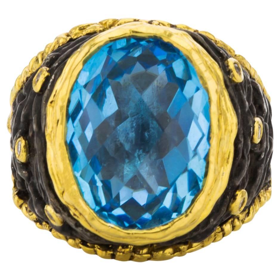 Victor Velyan Blue Topaz Diamond and Gold Ring 