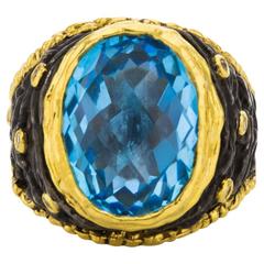 Victor Velyan Blue Topaz Diamond and Gold Ring