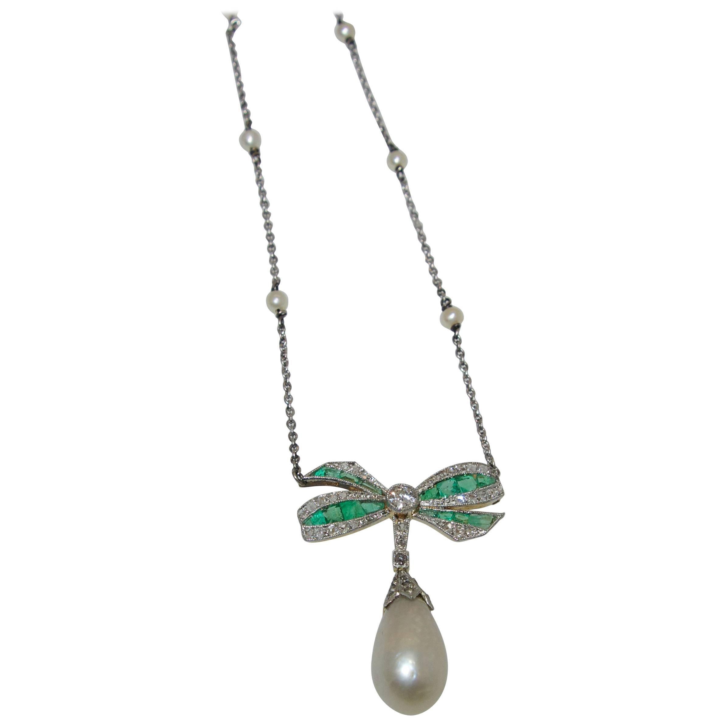 Edwardian Natural Pearl Emerald Diamond Pendant