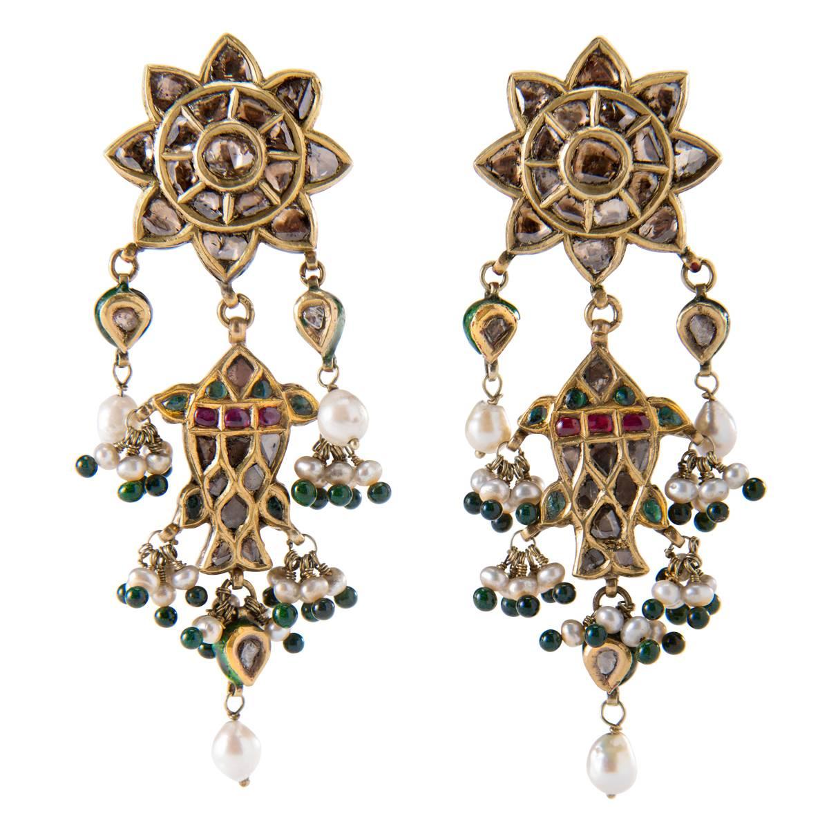 Antique Indian Diamond Emerald Pearl Gold Double Earpendants Jhale Earrings For Sale
