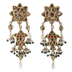 Antique Indian Diamond Emerald Pearl Gold Double Earpendants Jhale Earrings