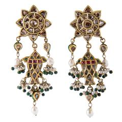 Antique Indian Diamond Emerald Pearl Gold Double Earpendants Jhale Earrings