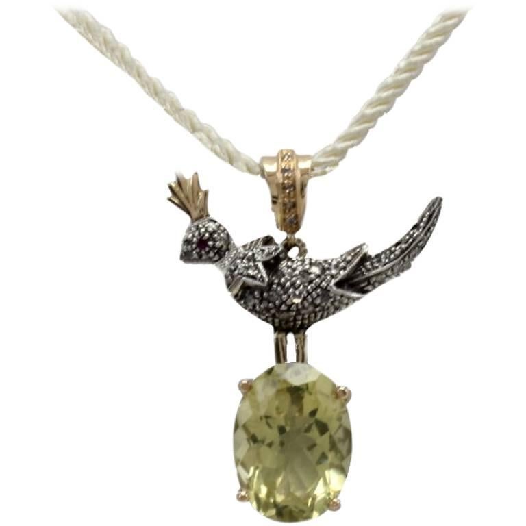 Diamond Ruby and Topaz Gold Bird Pendant