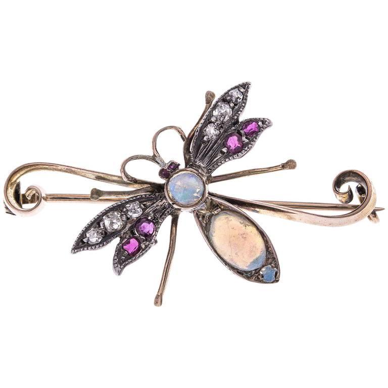 Victorian 9 Carat Gold Opal, Diamond and Ruby Dragonfly Brooch