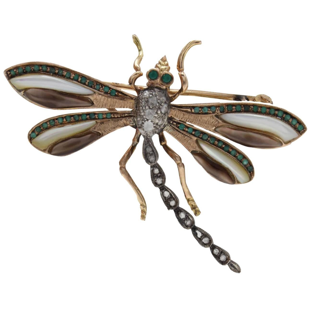 White Stones Emerald Diamond Dragonfly Brooch or Pendant