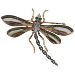 Retro White Stones Emerald Diamond Dragonfly Brooch or Pendant