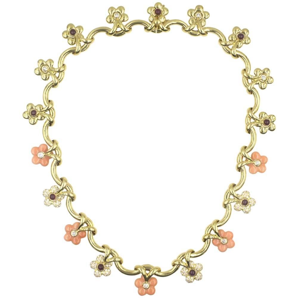 French Coral Ruby Diamond Yellow Gold Floral Necklace