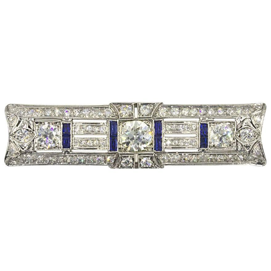 Art Deco Diamond Sapphire Platinum Brooch Pin