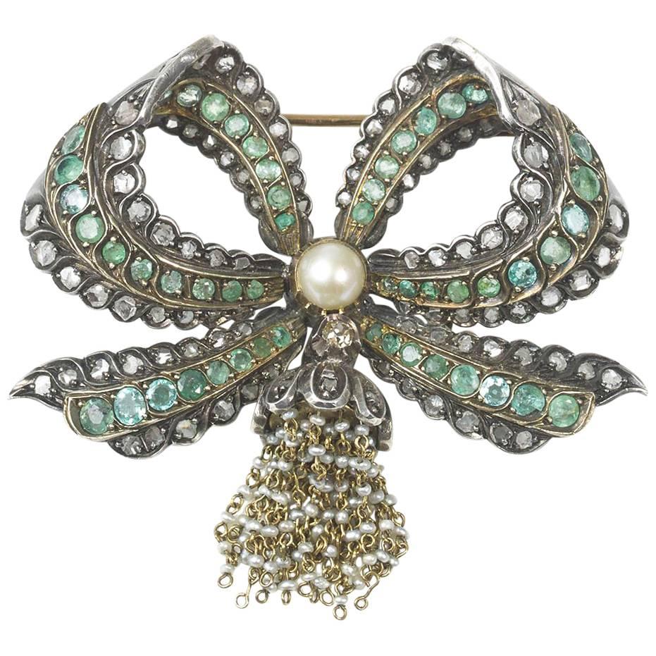 Emerald Diamond Bow Brooch