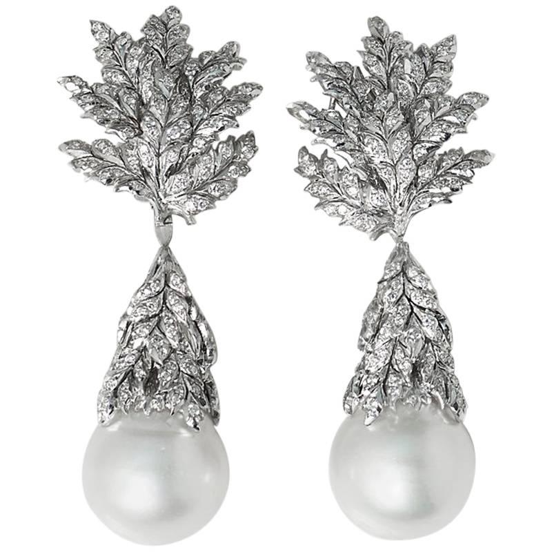 Buccellati 18 Karat White Gold South Sea Pearl Diamond Drop Statement Earrings