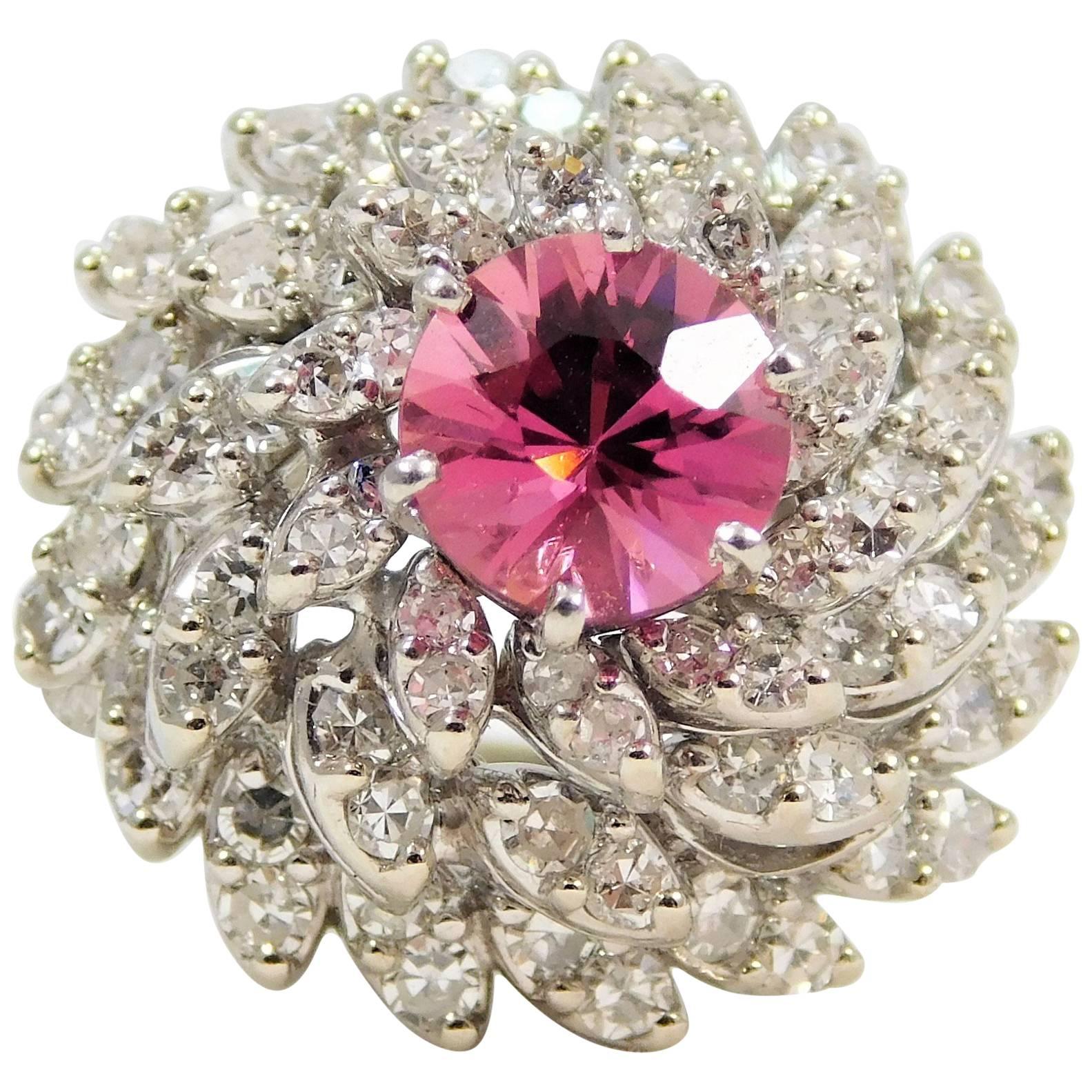 Pink Sapphire Diamond White Gold Cluster Ring For Sale