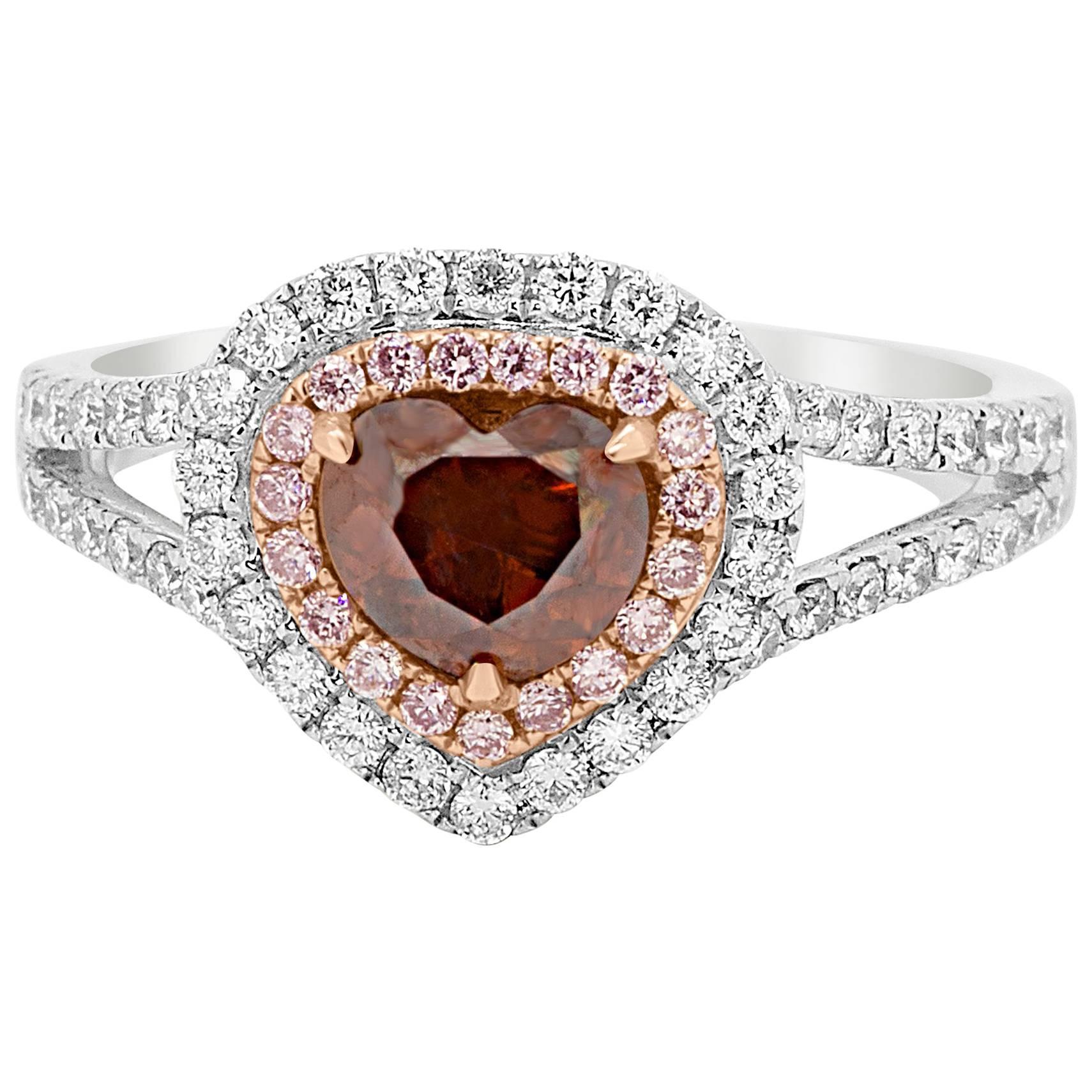Certified Natural Brown Orange Diamond Double Halo Two-Color Gold Bridal Ring
