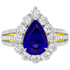 Tanzanite Pear White Diamond Halo Two Color Gold Bridal Fashion Cocktail  Ring