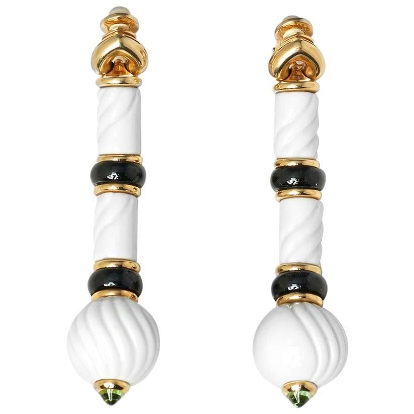 Bulgari 18 Karat Yellow Gold & Porcelain Tourmaline Chandra Drop Earrings