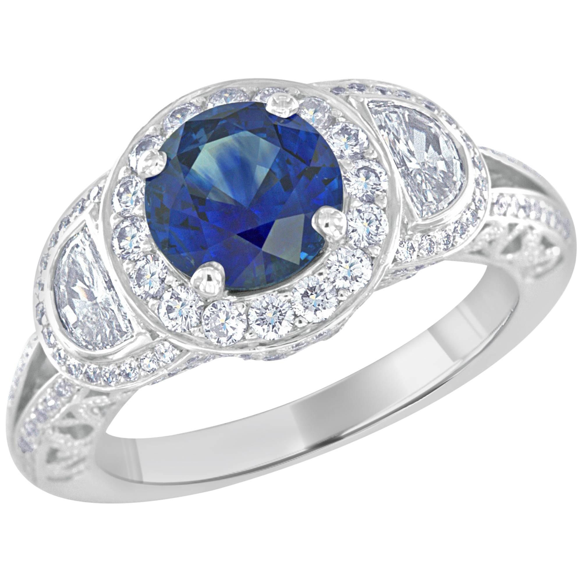 1.74 Carat Sapphire and Half Moon Diamond Platinum Ring For Sale