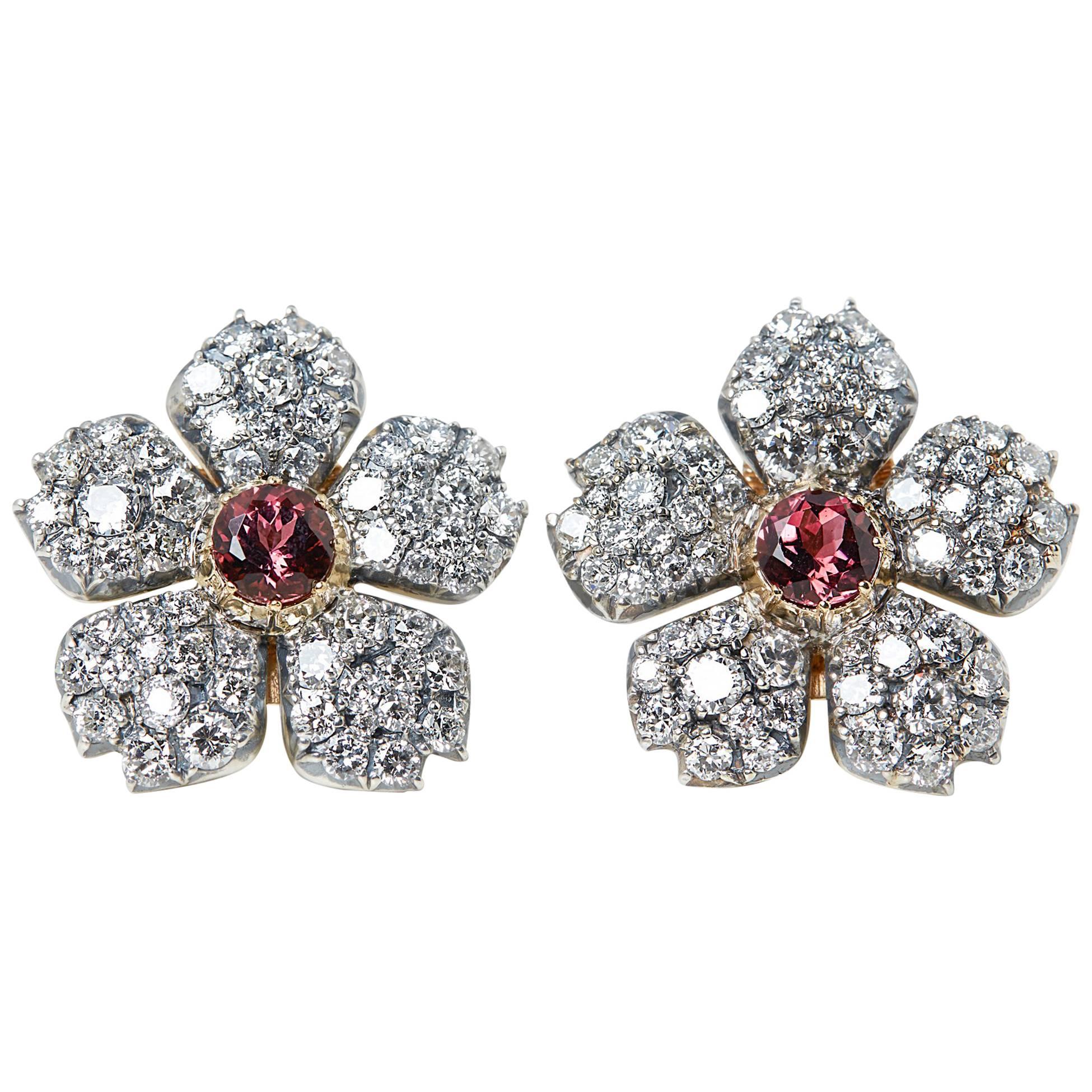 Cartier 18 Karat White Gold Pink Tourmaline & Diamond Vintage Earrings