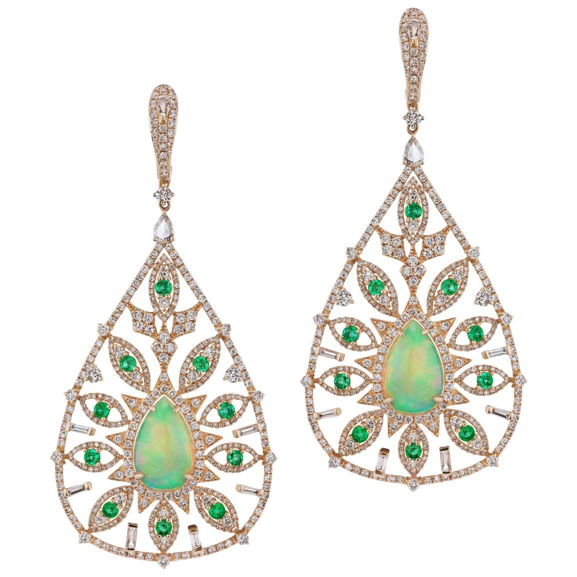 Ethiopian Opal Emerald Diamond Pear Shape Drop Earrings For Sale