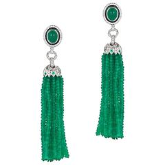 64.38 Carat Emerald and Diamond White Gold Tassel Earrings