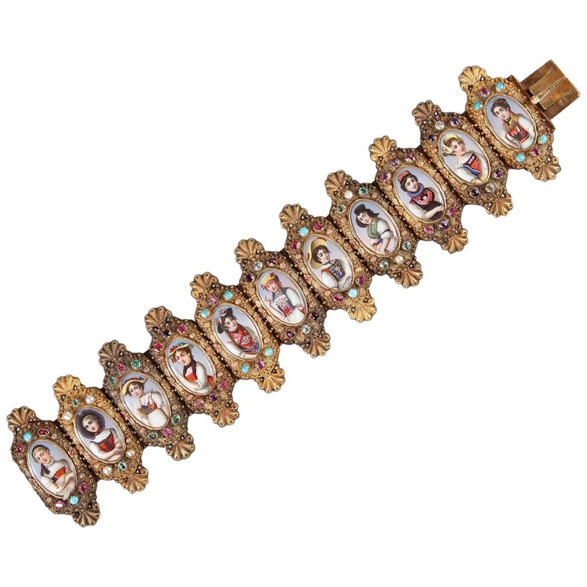 Bracelet Bin Gold, Enamel and Gemstones, Mid-19th Century For Sale