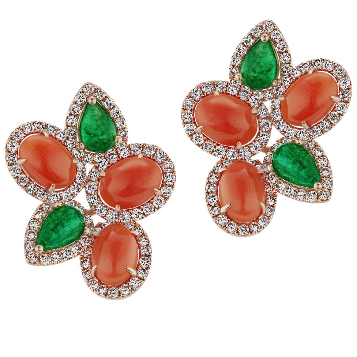 Coral Emerald Diamond Cluster Earrings For Sale