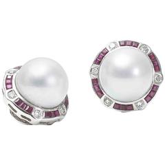 Pearl Ruby Diamond Platinum Earrings 1