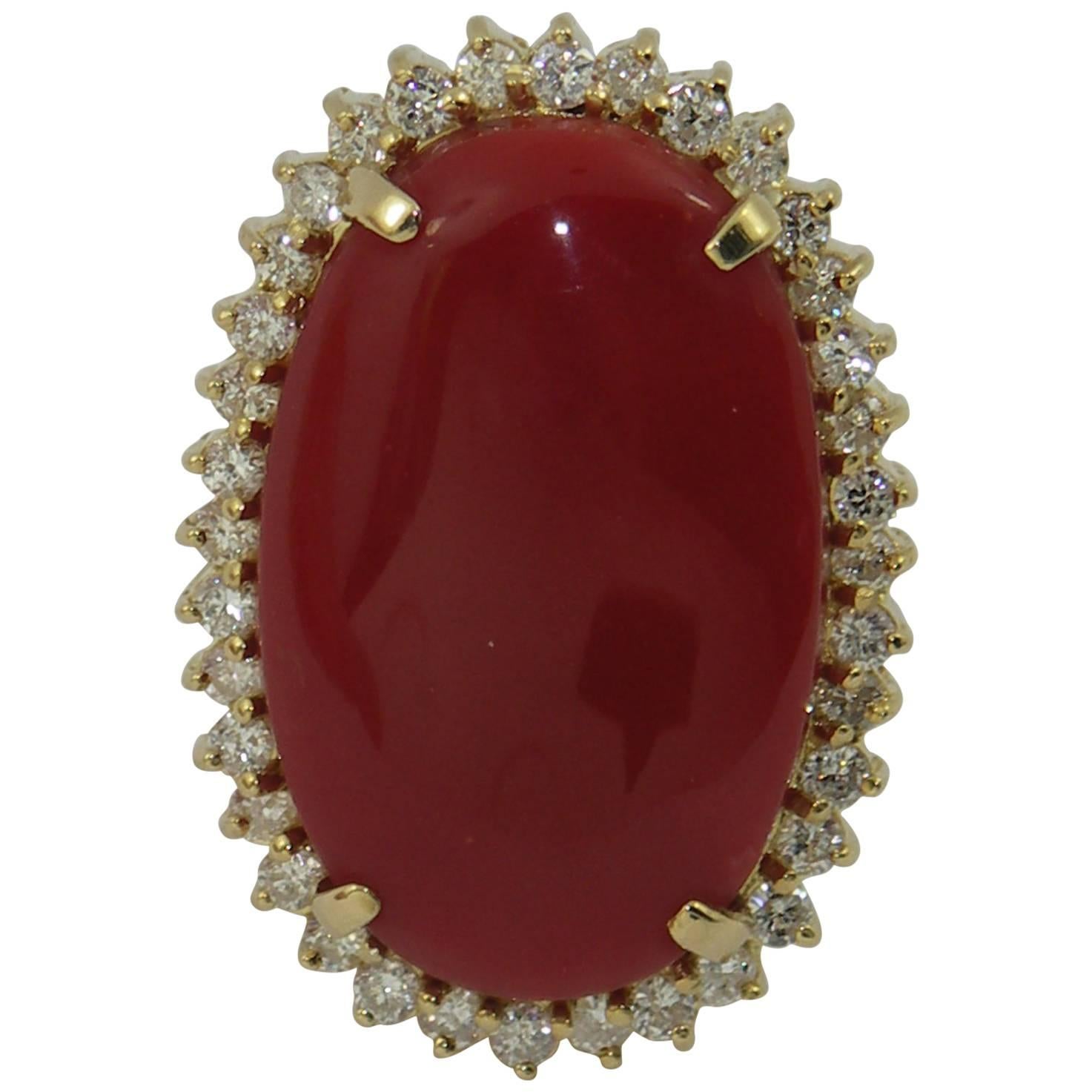 Ox Blood Coral Diamond Gold Ring