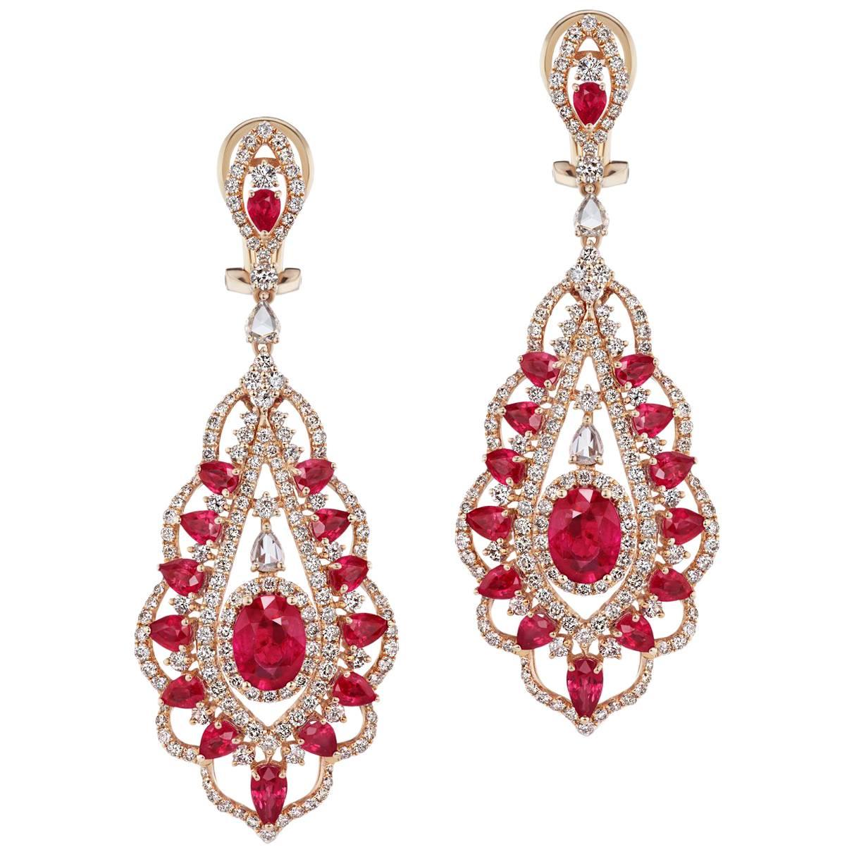 Ruby Diamond Chandelier Earrings For Sale