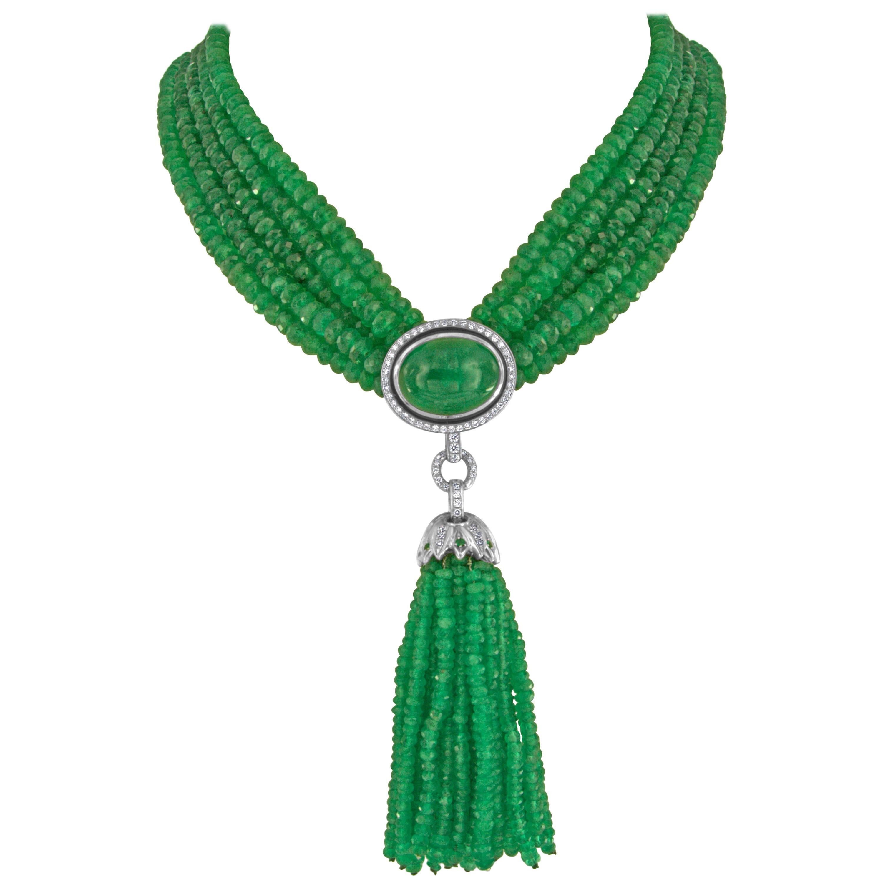 408.31 Carat Emerald and Diamond White Gold Tassel Necklace For Sale