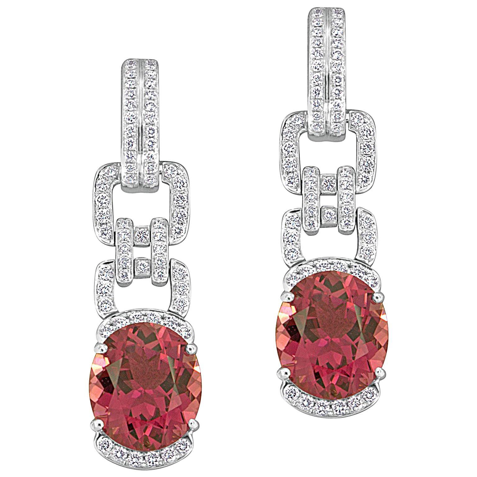 16.12 Carats Pink Tourmaline and Diamond Gold Drop Earrings