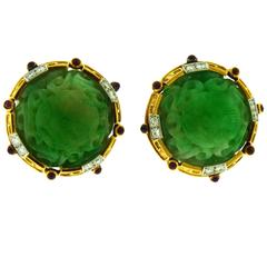 David Webb Carved Jade Ruby Diamonds 18 Karat Yellow Gold Platinum Earclips 10