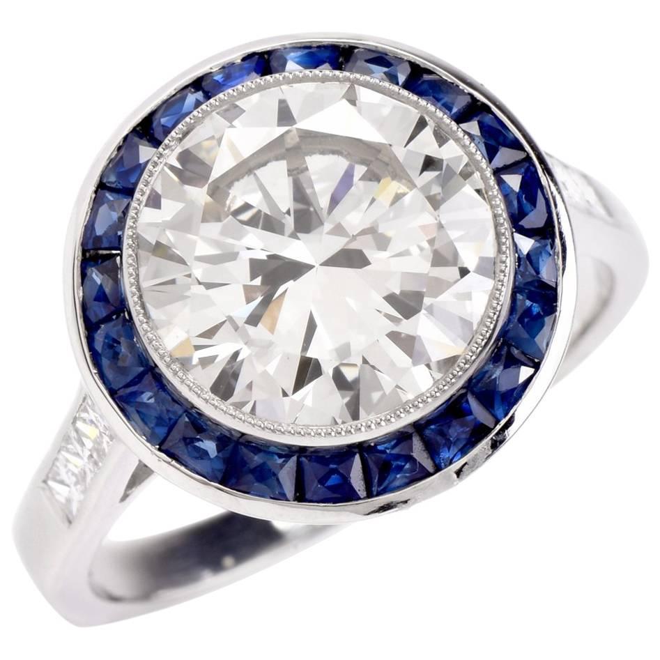3.67 Carat Diamond Sapphire Platinum Engagement Ring